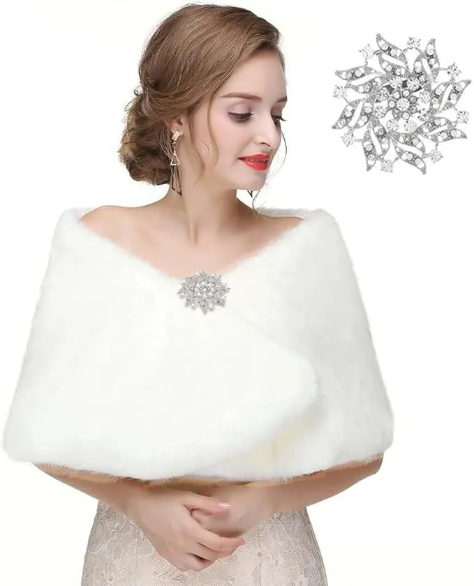 White Wedding Faux Fur Coverup featuring luxurious faux fur texture, elegantly styled to complement bridal dresses and provide added coverage.